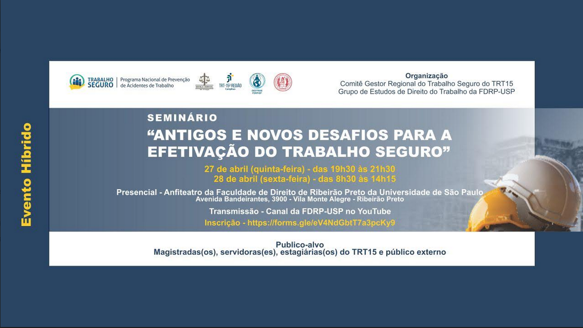 No momento você está vendo Seminário sobre trabalho seguro em Ribeirão Preto será transmitido ao vivo nesta quinta-feira (27/4) a partir das 19h30